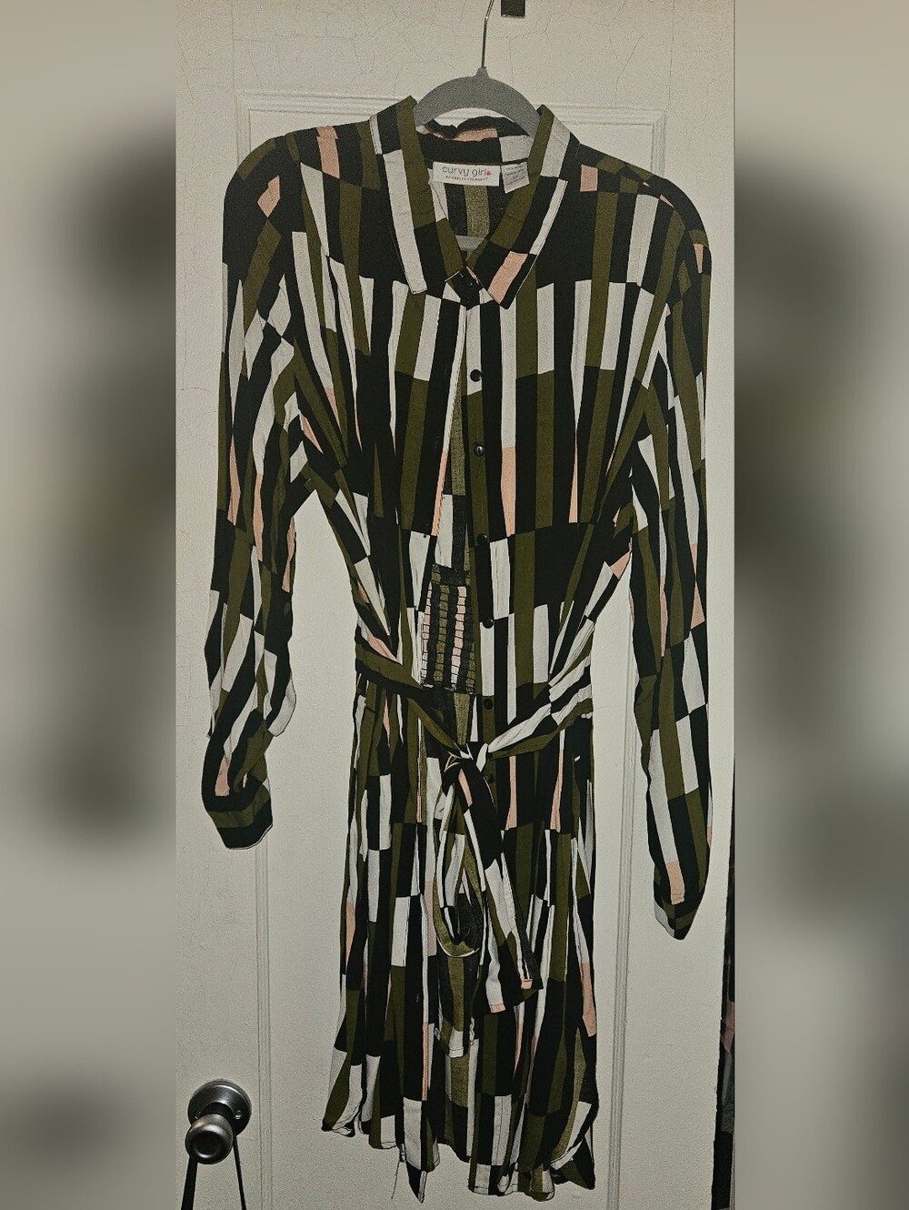 Curvy Girl Striped Tie-Waist Shirt Dress in Olive, Black & White Size 2X
